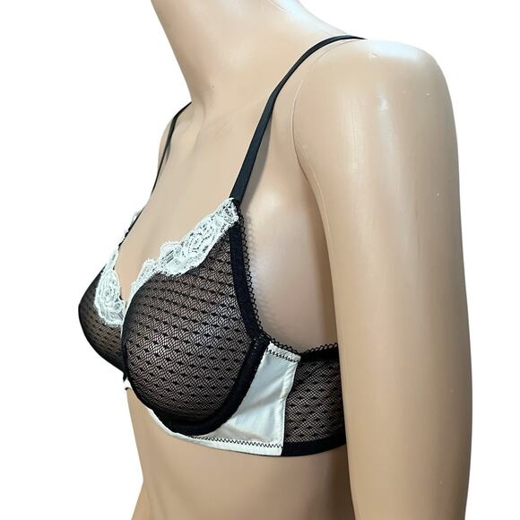 Miss Studio La Perla Sheer Mesh Lace Bra 34B Satin Wired Coquette Black White - Picture 3 of 10